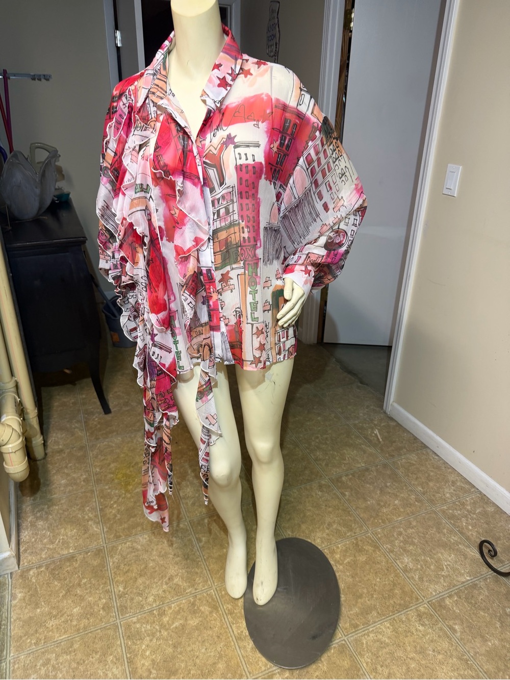 AKIRA Pink Cityscape Ruffle Tie-Front Blouse